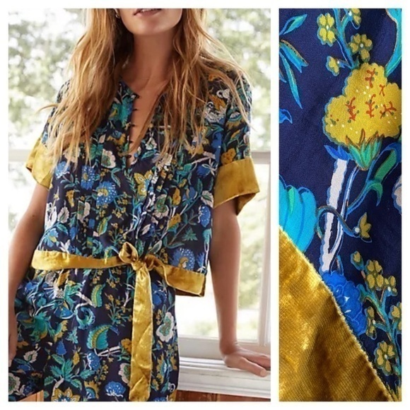 Anthropologie Other - Anthropologie Blue Floral Clara Gold Velvet-Trimmed Pajama Lounge Top Small